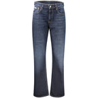 Calvin Klein blue cotton women's high-rise jeans with classic five-pocket design and belt loops, styled on a hanger.