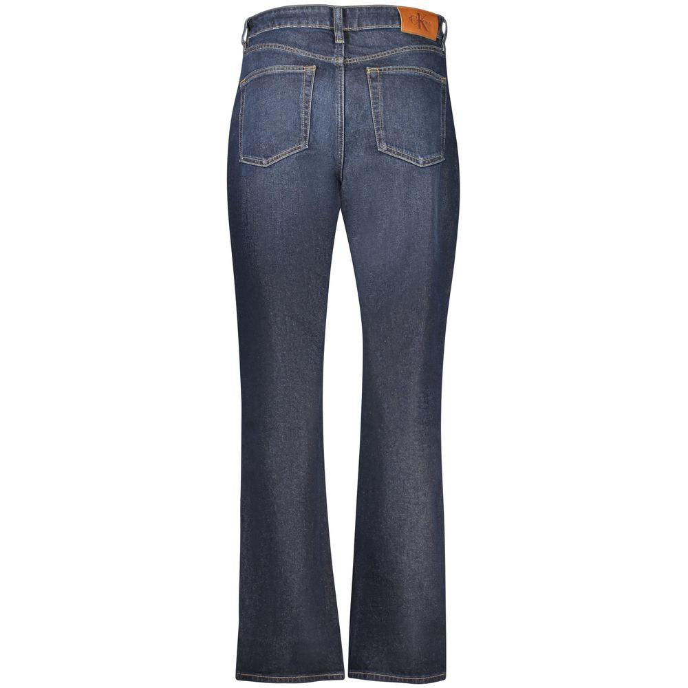 Calvin Klein blue cotton women's high-rise jeans, showing fit and classic denim style with front and back view.
