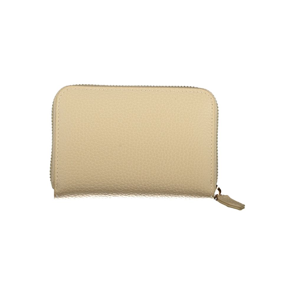 Mario Valentino beige polyurethane women's wallet with multiple card slots and a zip-around design.