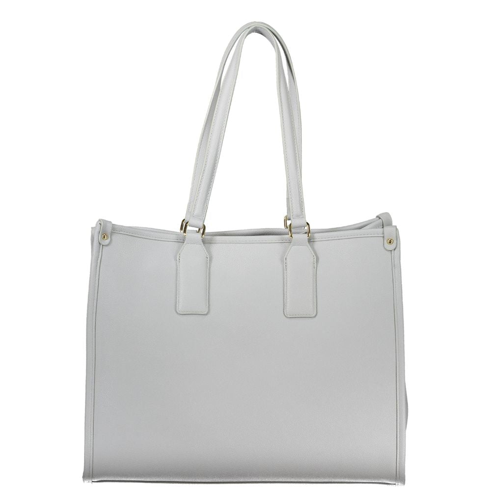 Mario Valentino Azzurro women’s polyurethane bag with sleek design and silver hardware, featuring top handles and a spacious interior.