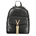 Mario Valentino black polyurethane women's backpack with adjustable straps and gold-tone hardware, stylish and functional.