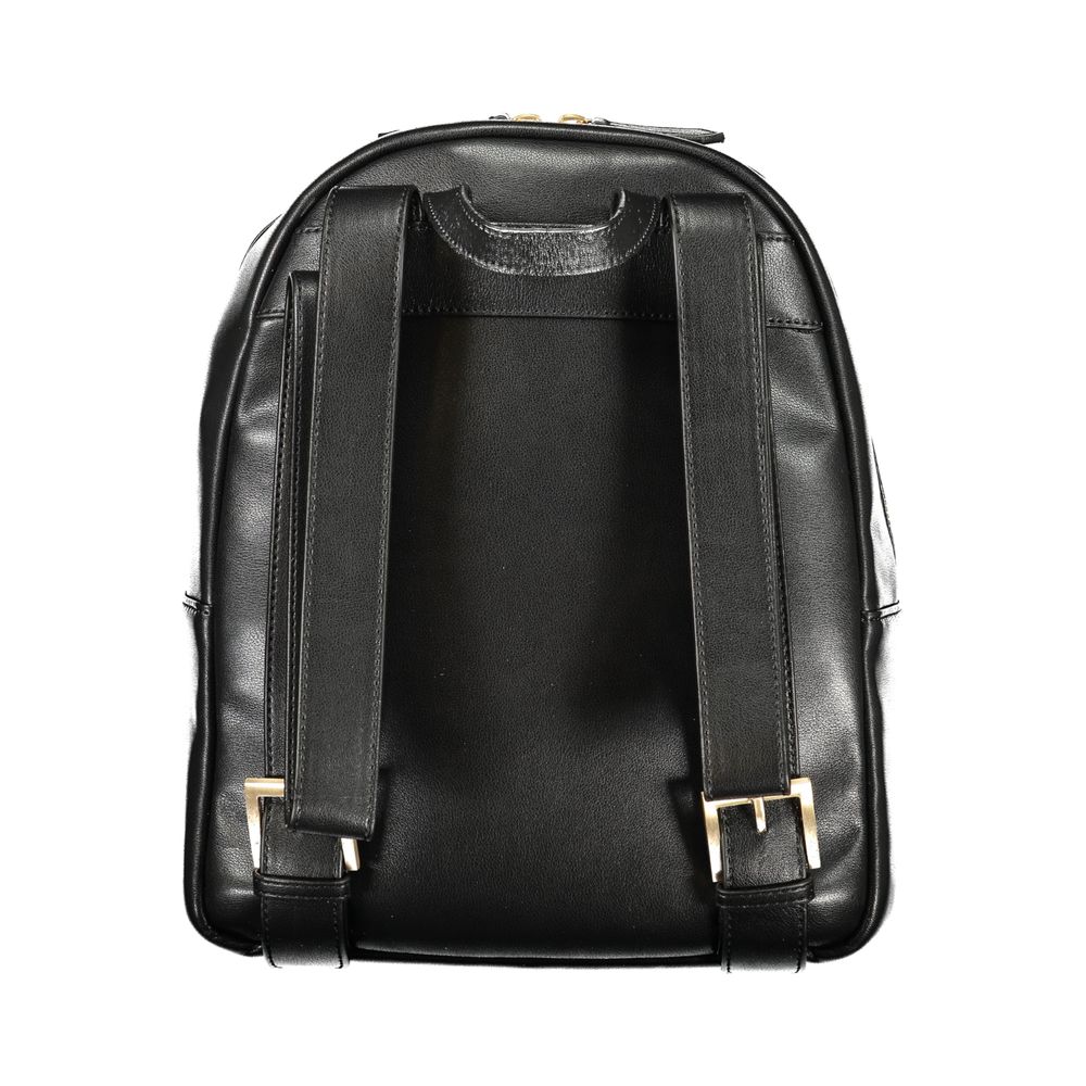 Mario Valentino black polyurethane women's backpack with adjustable straps and silver-tone hardware, stylish and functional.