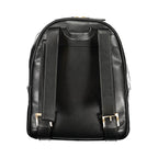 Mario Valentino black polyurethane women's backpack with adjustable straps and silver-tone hardware, stylish and functional.