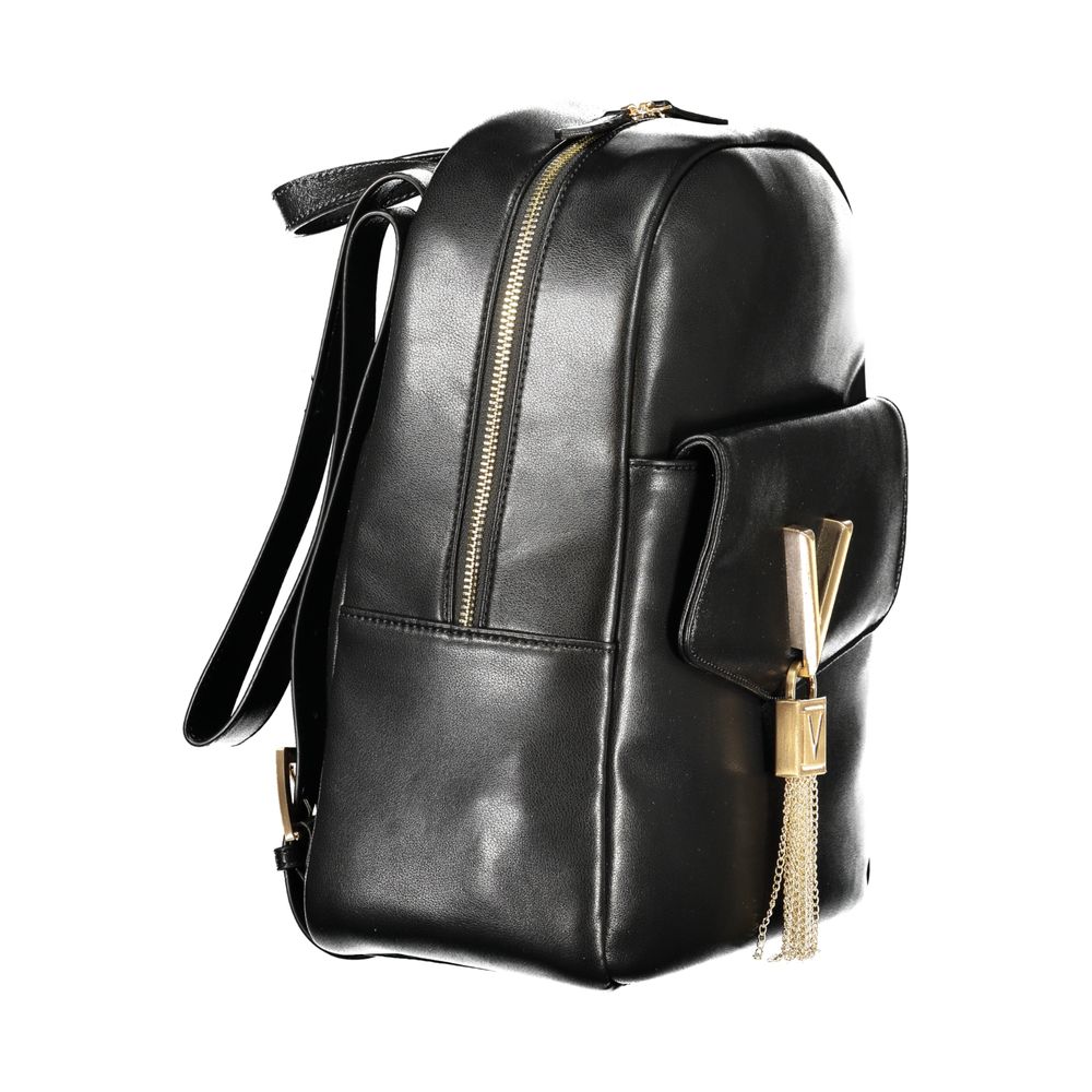 Mario Valentino black polyurethane women's backpack with sleek design and adjustable straps, stylish for everyday use.