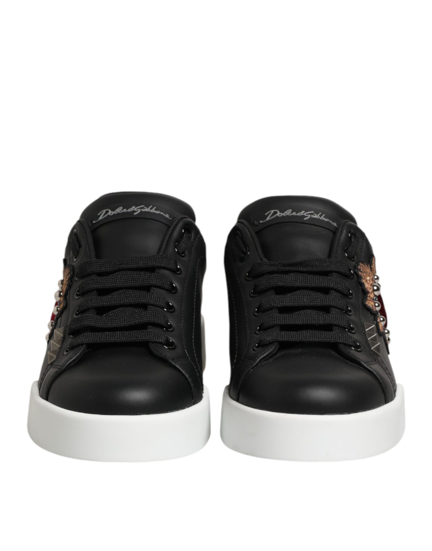 Dolce & Gabbana Black Leather Heart Embellished Sneakers Shoes Dolce & Gabbana