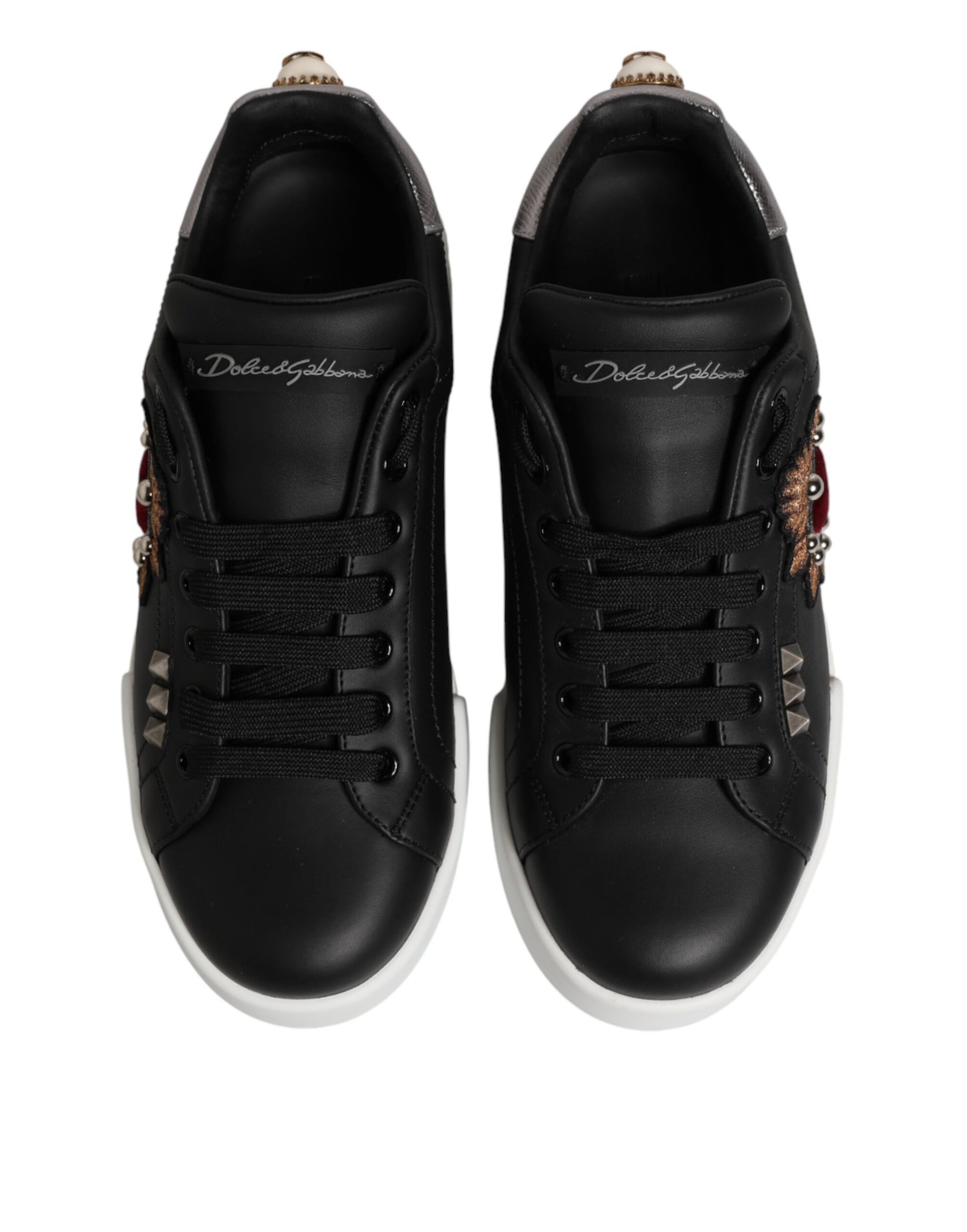 Dolce & Gabbana Black Leather Heart Embellished Sneakers Shoes Dolce & Gabbana