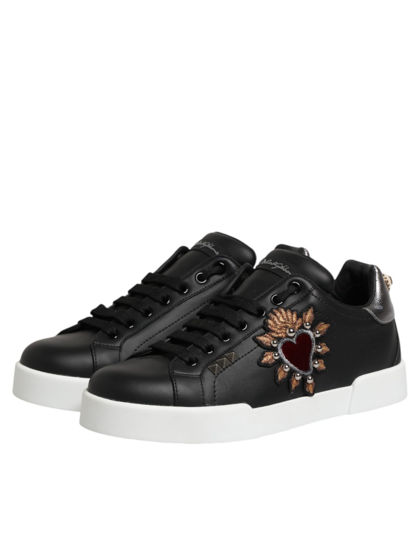 Dolce & Gabbana Black Leather Heart Embellished Sneakers Shoes Dolce & Gabbana