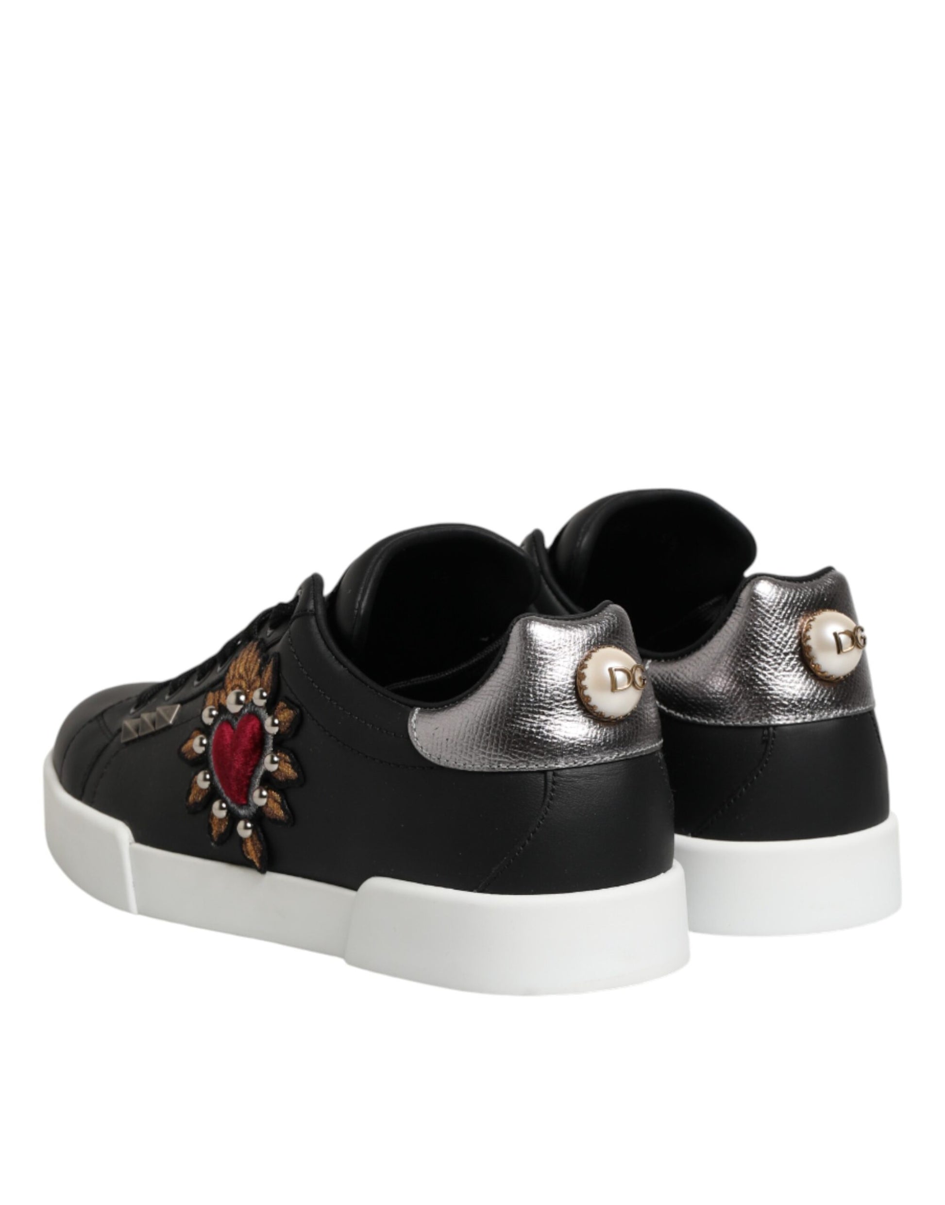 Dolce & Gabbana Black Leather Heart Embellished Sneakers Shoes Dolce & Gabbana
