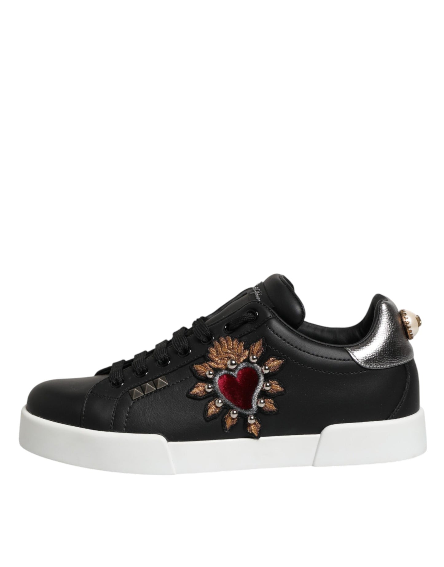Dolce & Gabbana Black Leather Heart Embellished Sneakers Shoes Dolce & Gabbana