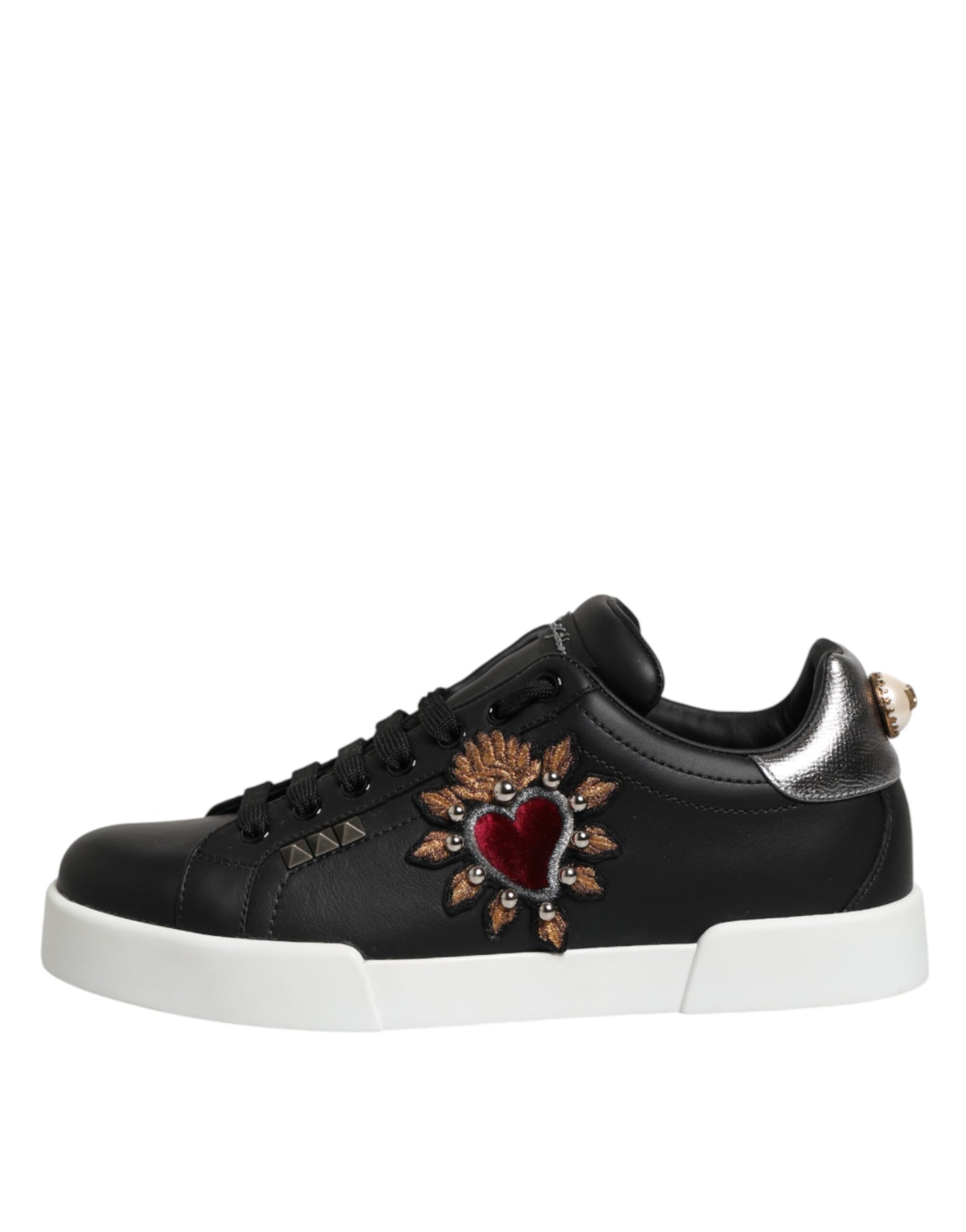 Dolce & Gabbana Black Leather Heart Embellished Sneakers Shoes Dolce & Gabbana