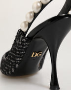 Dolce & Gabbana White Black Chevron Faux Pearl Slingbacks Shoes