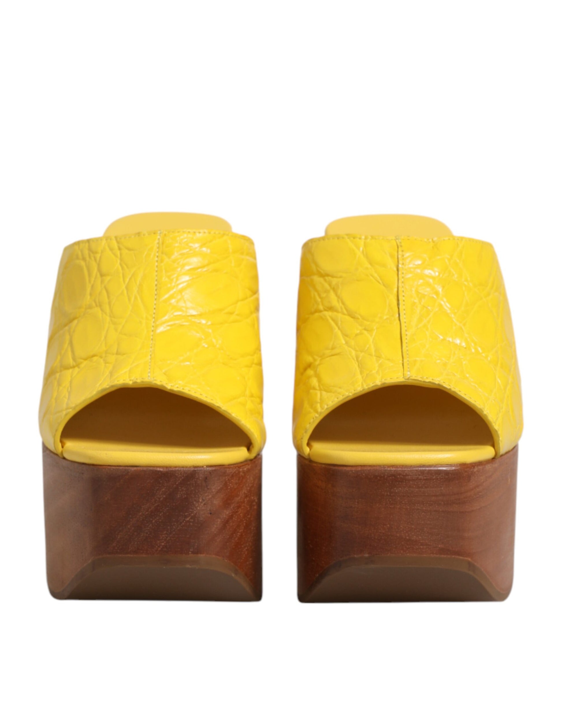 Dolce & Gabbana Yellow Leather Wood Mule Wedge Slides Shoes Dolce & Gabbana