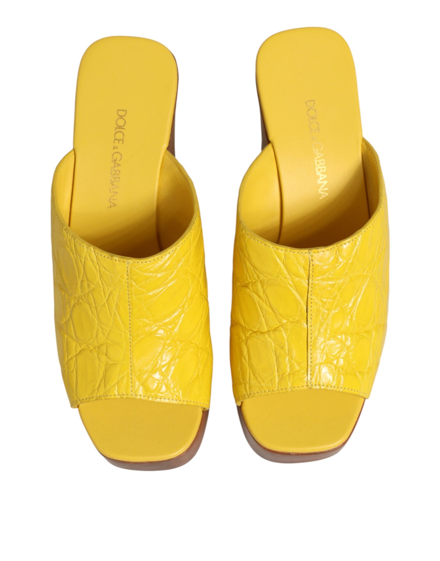 Dolce & Gabbana Yellow Leather Wood Mule Wedge Slides Shoes Dolce & Gabbana