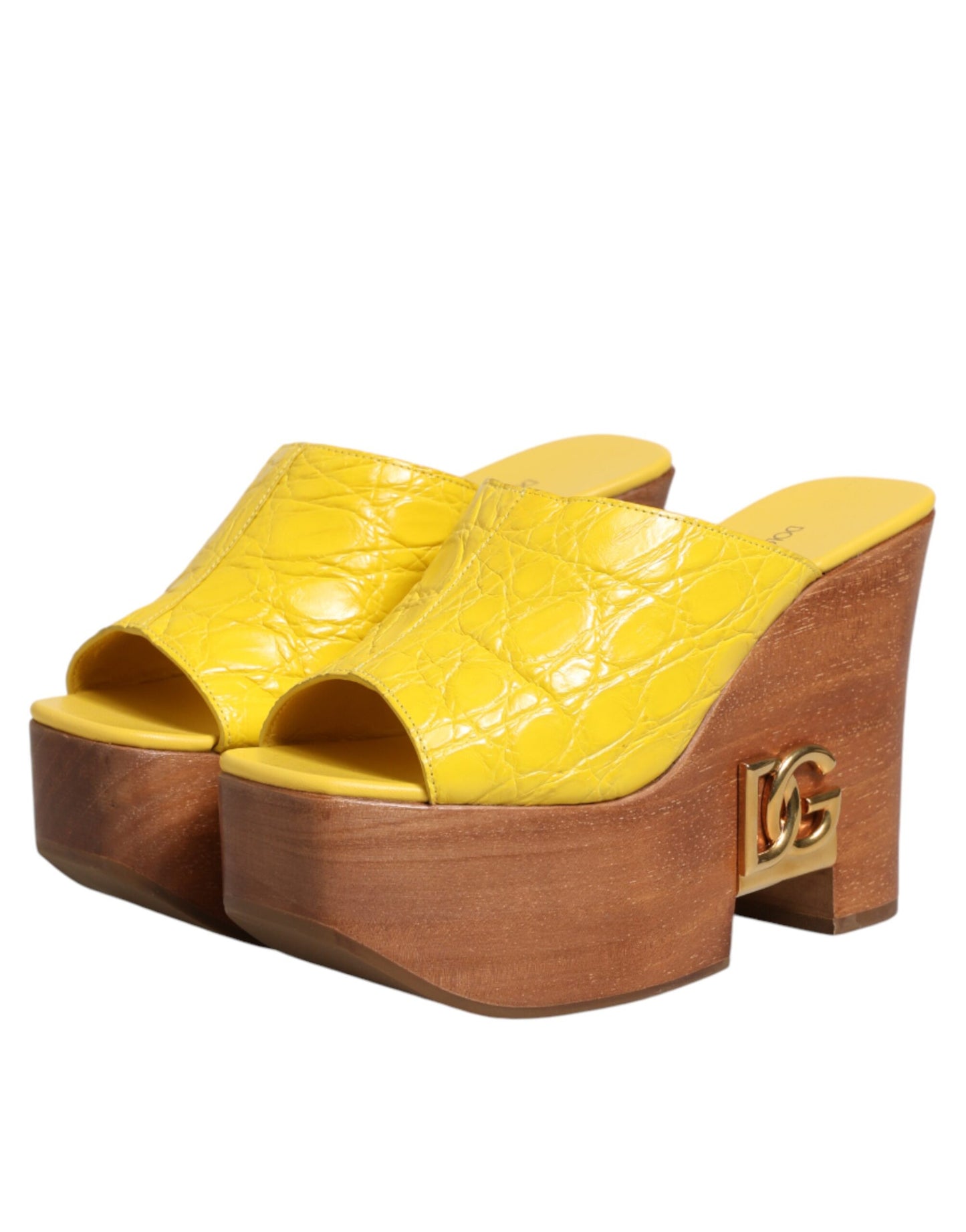 Dolce & Gabbana Yellow Leather Wood Mule Wedge Slides Shoes Dolce & Gabbana