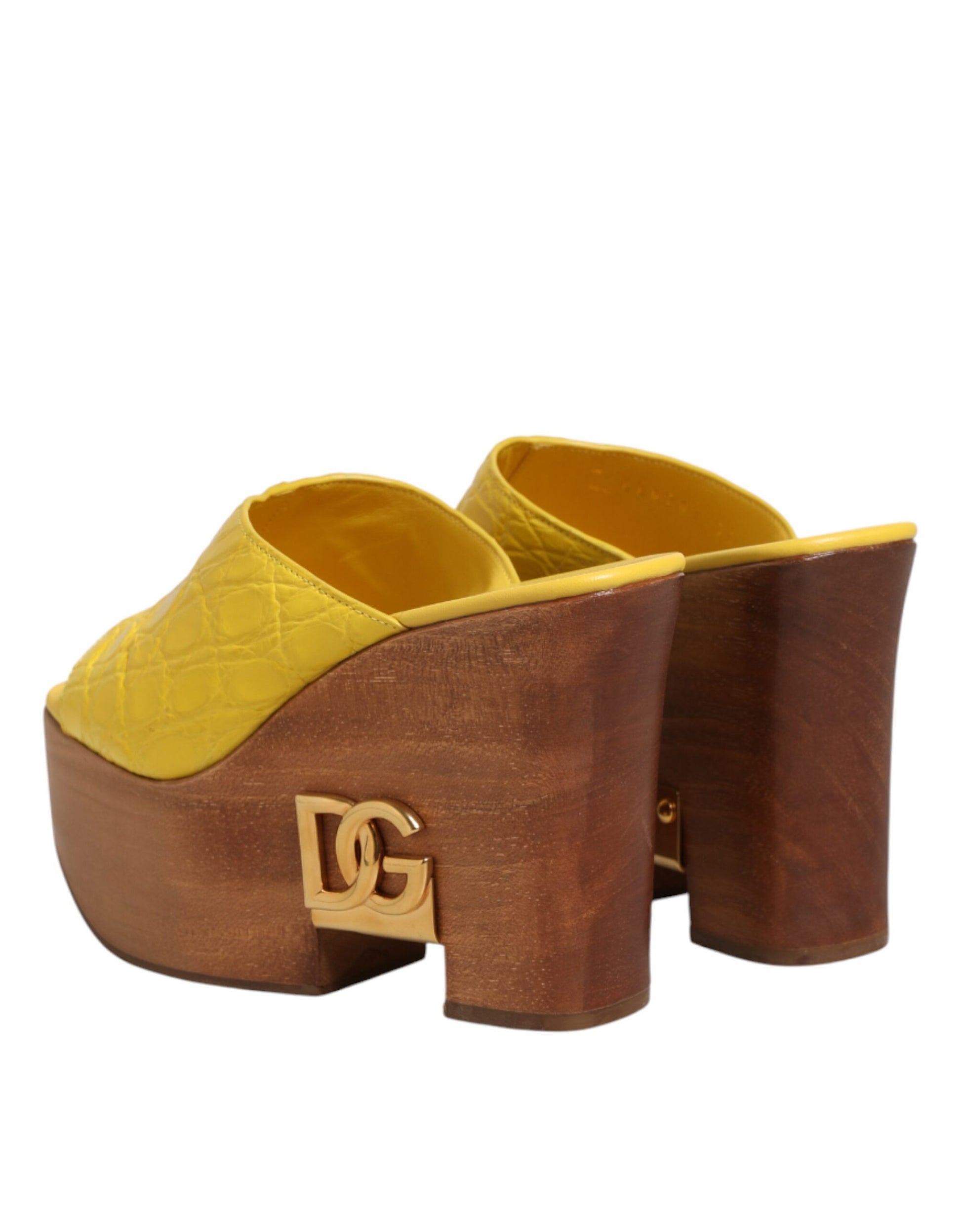 Dolce & Gabbana Yellow Leather Wood Mule Wedge Slides Shoes Dolce & Gabbana