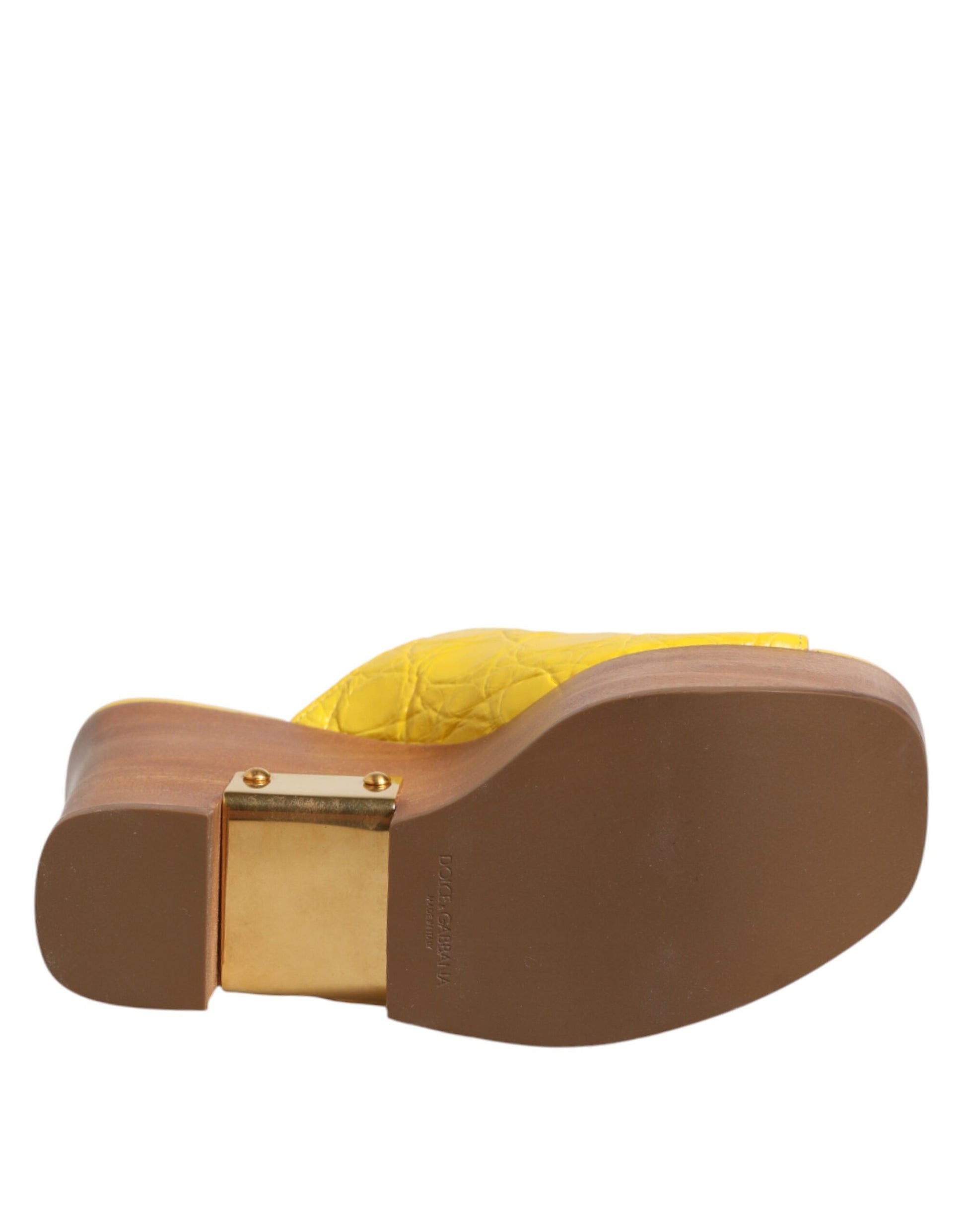 Dolce & Gabbana Yellow Leather Wood Mule Wedge Slides Shoes Dolce & Gabbana
