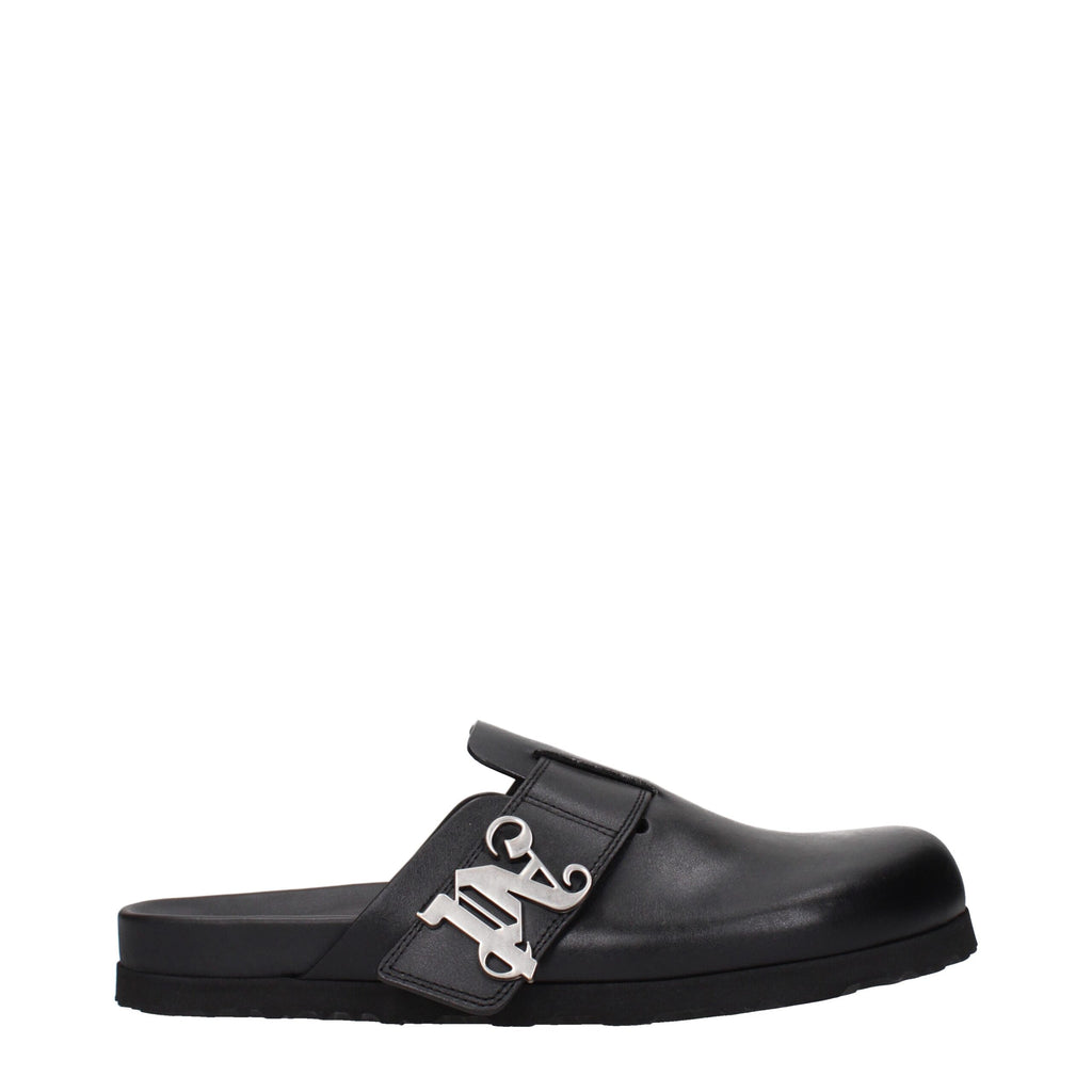 Palm Angels black leather slippers with slip-on design and casual style, featuring the brand's logo on the upper.