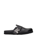 Palm Angels black leather slippers with slip-on design and casual style, featuring the brand's logo on the upper.