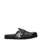 Palm Angels black leather slippers with slip-on design and casual style, featuring the brand's logo on the upper.