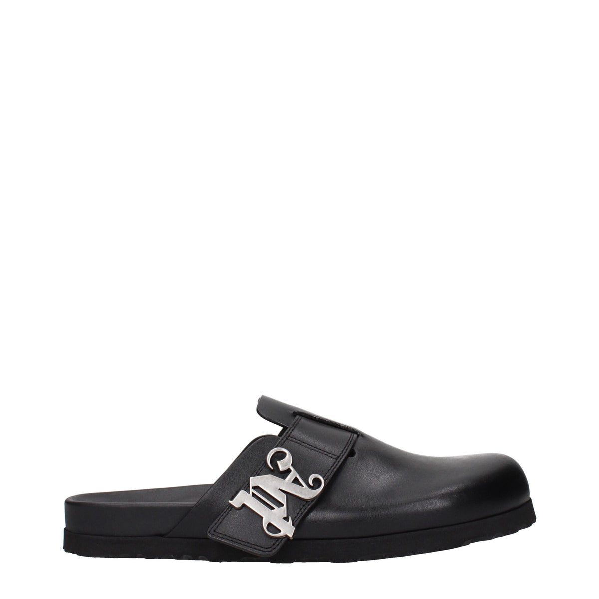 Palm Angels black leather slippers with slip-on design and casual style, featuring the brand's logo on the upper.