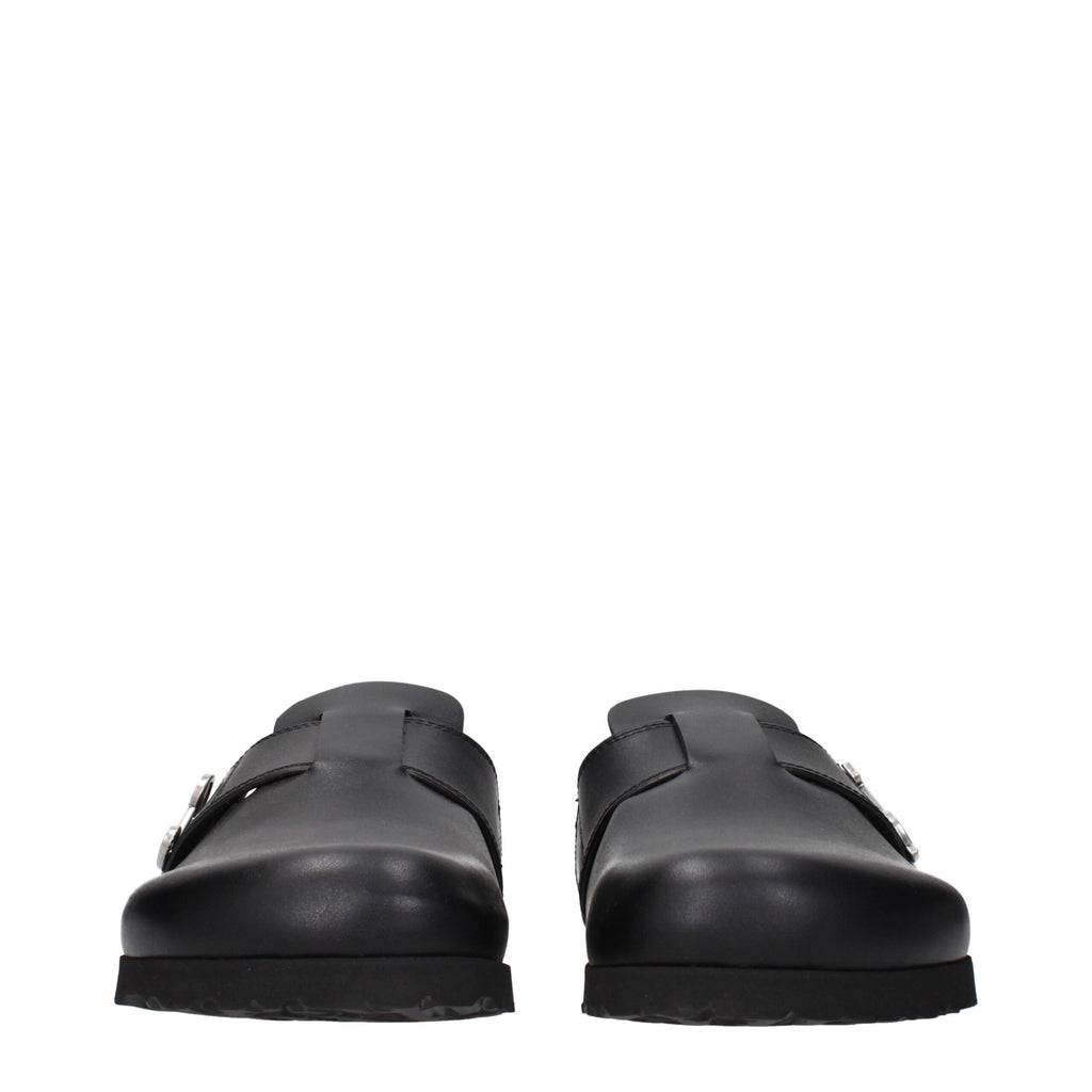 Black leather slippers by Palm Angels with sleek design and subtle branding, perfect for casual or luxury loungewear.