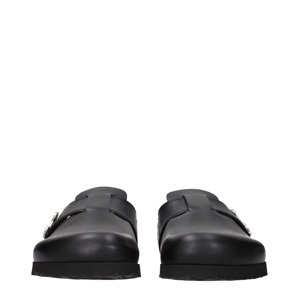 Black leather slippers by Palm Angels with sleek design and subtle branding, perfect for casual or luxury loungewear.