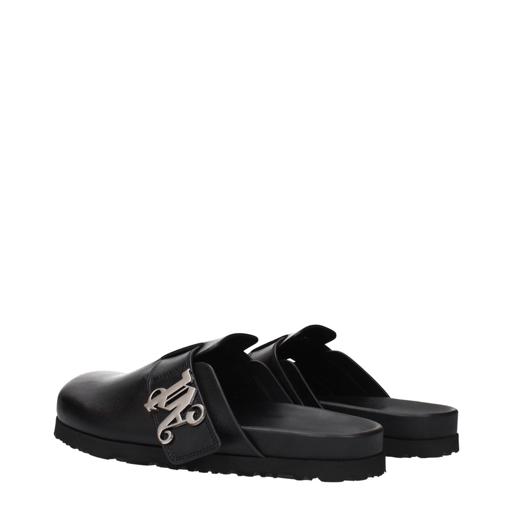 Black leather slippers by Palm Angels featuring a sleek design and slip-on style, perfect for casual or luxury loungewear.