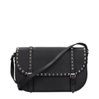 Black leather Valentino Garavani crossbody bag with sleek design and adjustable strap, showcasing luxury Italian craftsmanship.