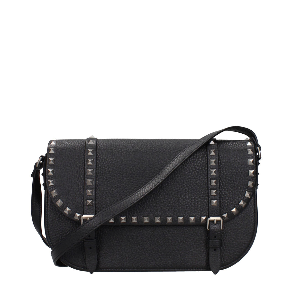 Black leather Valentino Garavani crossbody bag with sleek design and adjustable strap, showcasing luxury Italian craftsmanship.