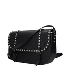 Black leather Valentino Garavani crossbody bag with silver hardware and adjustable strap, showcasing sleek, elegant design.