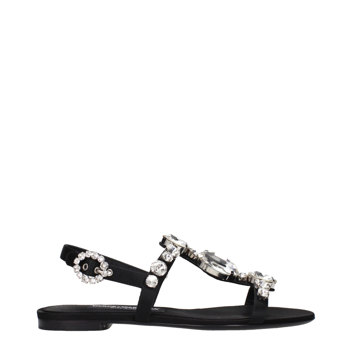 Black satin flat sandals by Dolce & Gabbana with sleek design and minimal detailing, perfect for elegant casual wear.