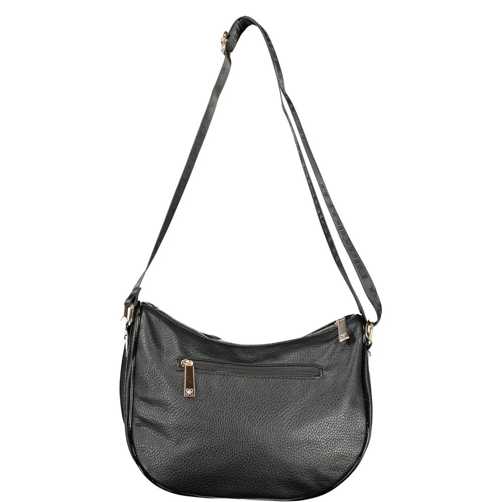 Black PVC women’s handbag by Laura Biagiotti with sleek design and silver-tone hardware, featuring a spacious interior and top handles.