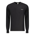 Black cotton men's sweater by Accademia Militare, featuring a classic fit and ribbed cuffs, displayed on a neutral background.