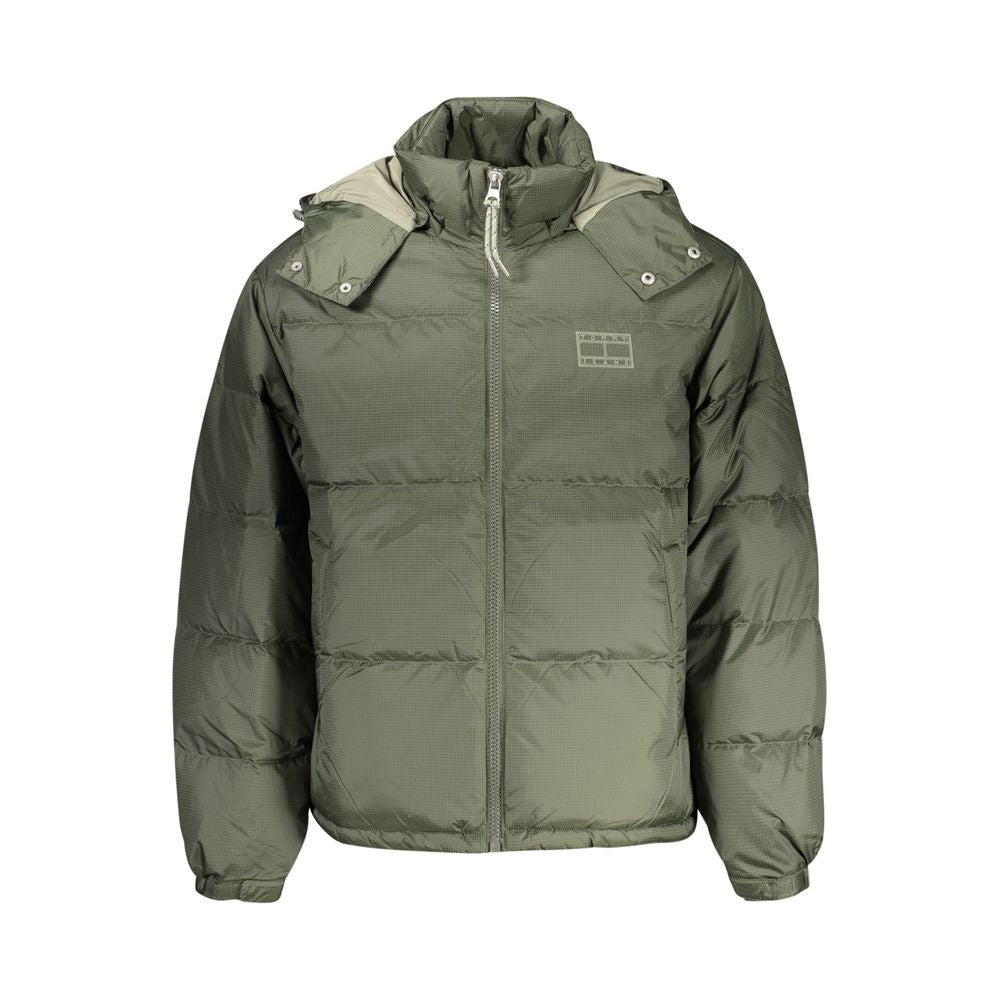 Tommy Hilfiger Verde polyester men's jacket with front zipper, stand-up collar, and color-block design.