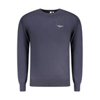 Accademia Militare blue cotton men's sweater displayed on a hanger with a ribbed collar and cuffs.
