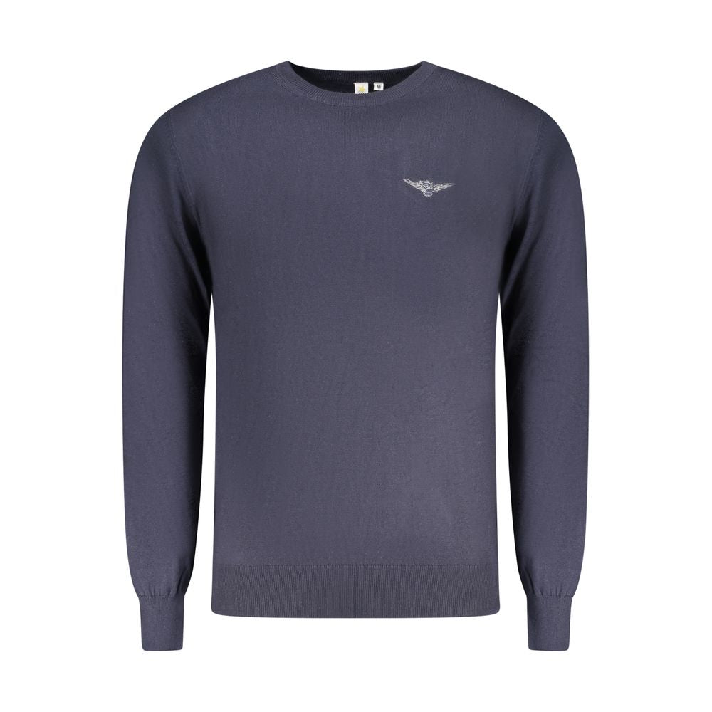 Accademia Militare blue cotton men's sweater displayed on a hanger with a ribbed collar and cuffs.