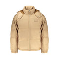 Tommy Hilfiger beige polyester men's jacket displayed on a hanger, showcasing the casual style and classic design.