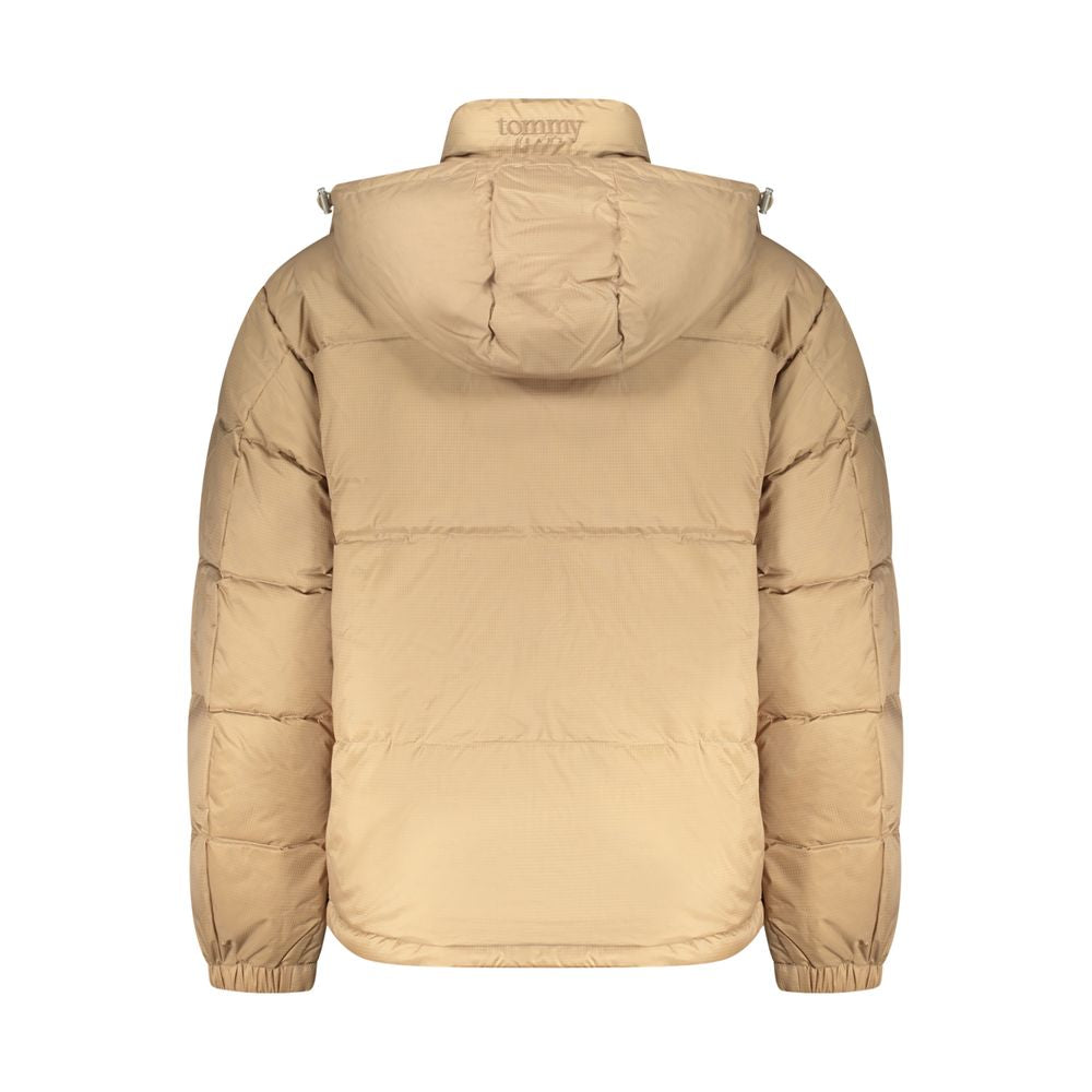 Tommy Hilfiger beige polyester men's jacket displayed on a hanger with a front zipper and classic collar.