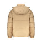 Tommy Hilfiger beige polyester men's jacket displayed on a hanger with a front zipper and classic collar.