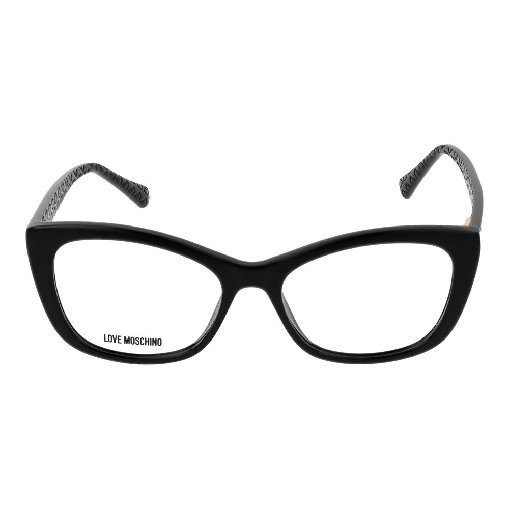 Love Moschino black cellulose propionate glasses frames with stylish design and clear lenses, perfect for a fashionable eyewear look.