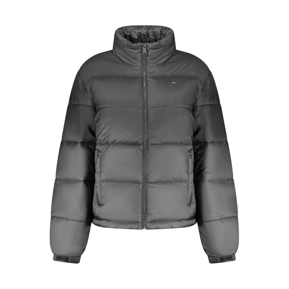 Black polyester women's jacket by Tommy Hilfiger, featuring a sleek design and classic branding details.