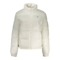 Tommy Hilfiger white women's polyester jacket displayed on a hanger, showcasing a sleek, minimalist design with a front zipper.