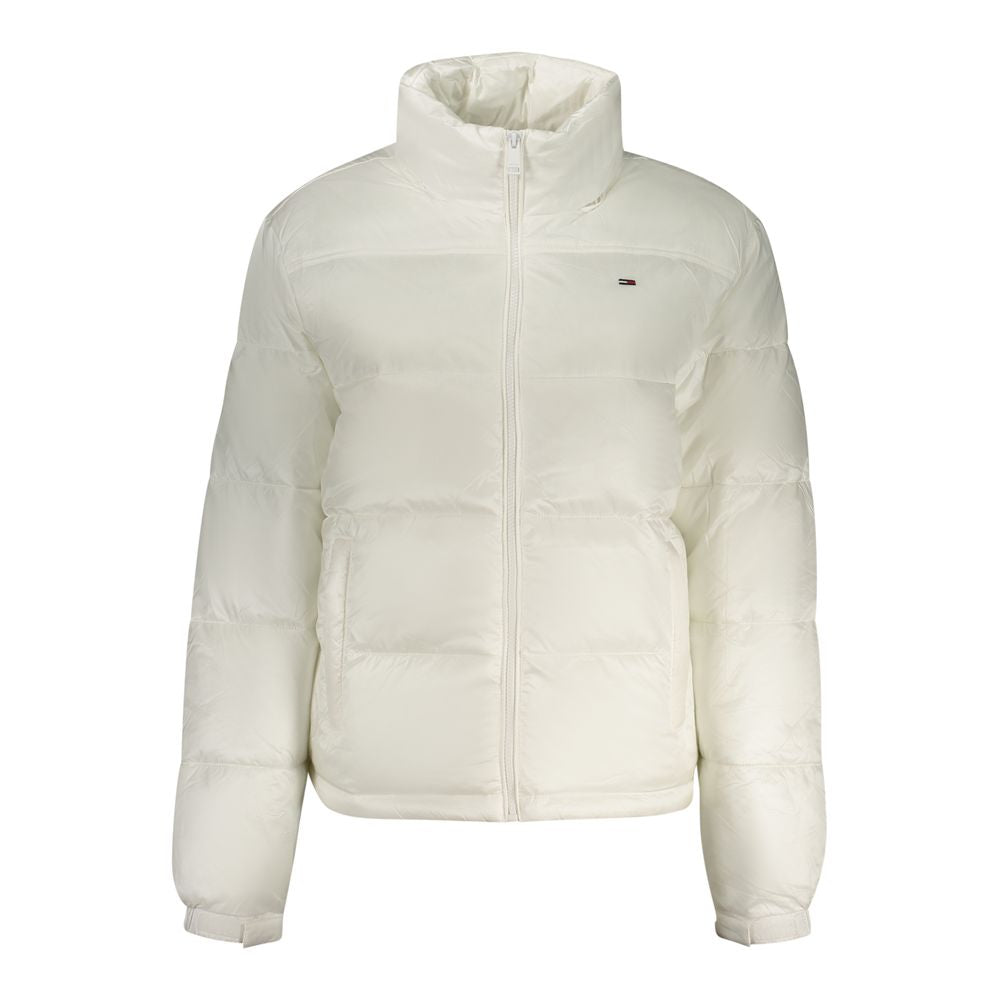 Tommy Hilfiger white women's polyester jacket displayed on a hanger, showcasing a sleek, minimalist design with a front zipper.