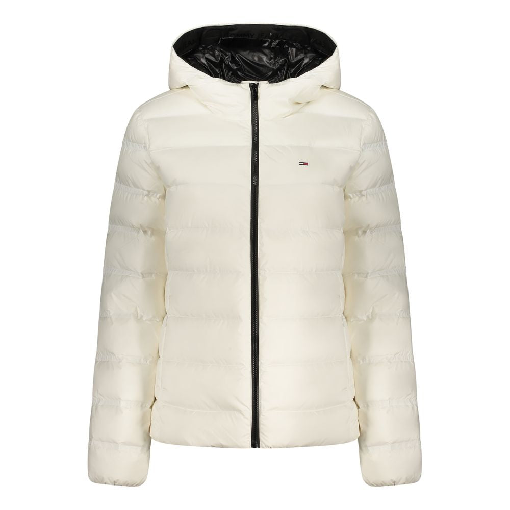 White polyester women's jacket by Tommy Hilfiger, featuring a sleek design and classic brand logo on the front.