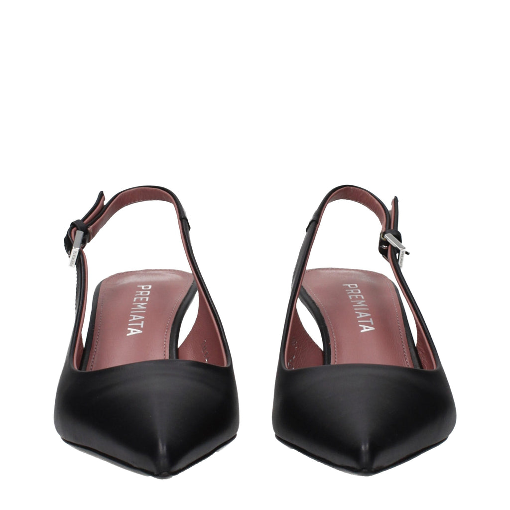 Black leather platform pumps by Premiata featuring a sleek design and chunky heel, perfect for stylish formal or casual wear.