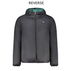 Norway 1963 black polyester men's reversible jacket with a sleek design and full-length zipper, displayed on a hanger.