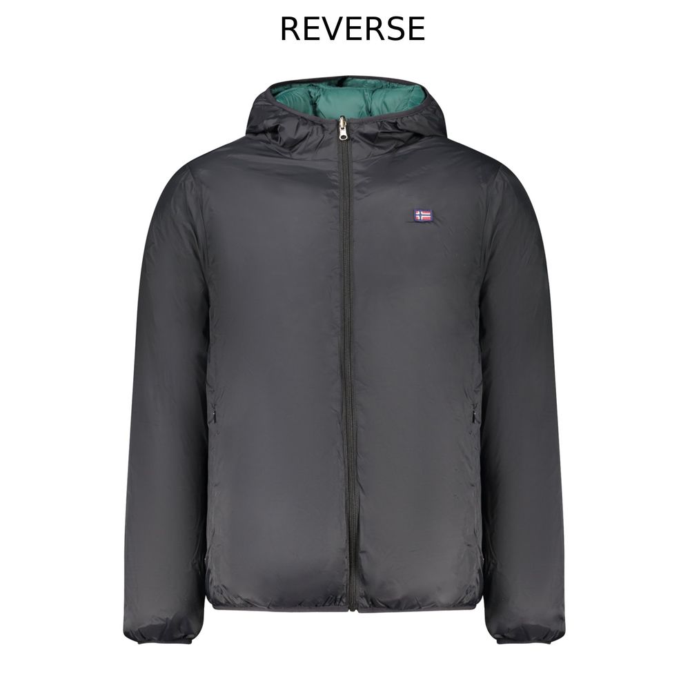 Norway 1963 black polyester men's reversible jacket with a sleek design and full-length zipper, displayed on a hanger.