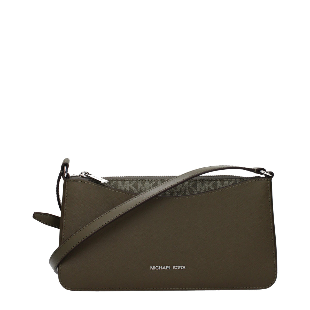 Michael Kors green fabric crossbody bag with adjustable strap and gold-tone hardware, stylish accessory for everyday wear.