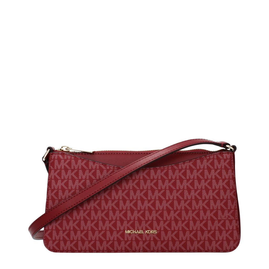 Red fabric Michael Kors crossbody bag with adjustable strap and gold-tone hardware, stylish accessory for casual or evening wear.