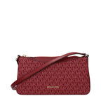 Red fabric Michael Kors crossbody bag with adjustable strap and gold-tone hardware, stylish accessory for casual or evening wear.